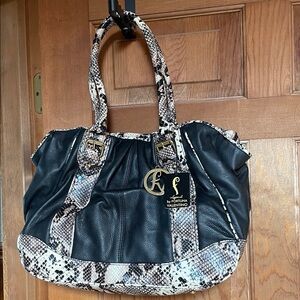 Fortuna Valentino Black Tote with Snakeskin Trim